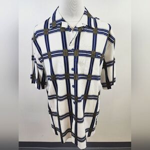 NWT Trust Men's Blue and White 55% Linen Checkered Shirt, sz XL